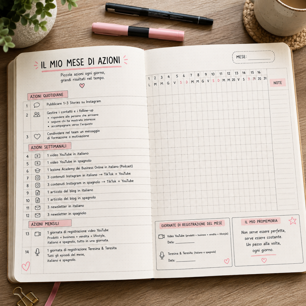 Planner mensile delle azioni e delle abitudini per organizzare il lavoro e il business online