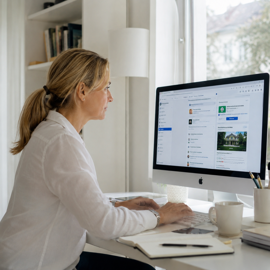 Una donna lavora al computer su Facebook, creando una sponsorizzazione sui social con un budget minimo e strategie di marketing online a basso costo.